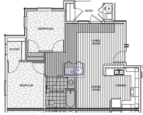 Floor plan for 2 beds, 1 bath, 770 sqft